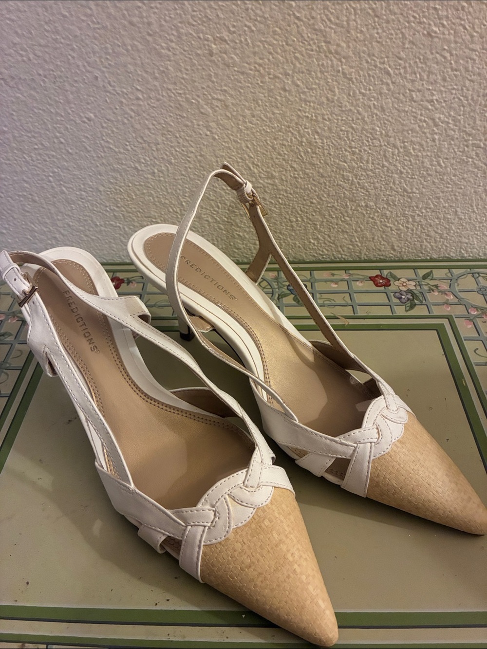 Predictions White and Natural Pointed Slingback Heels